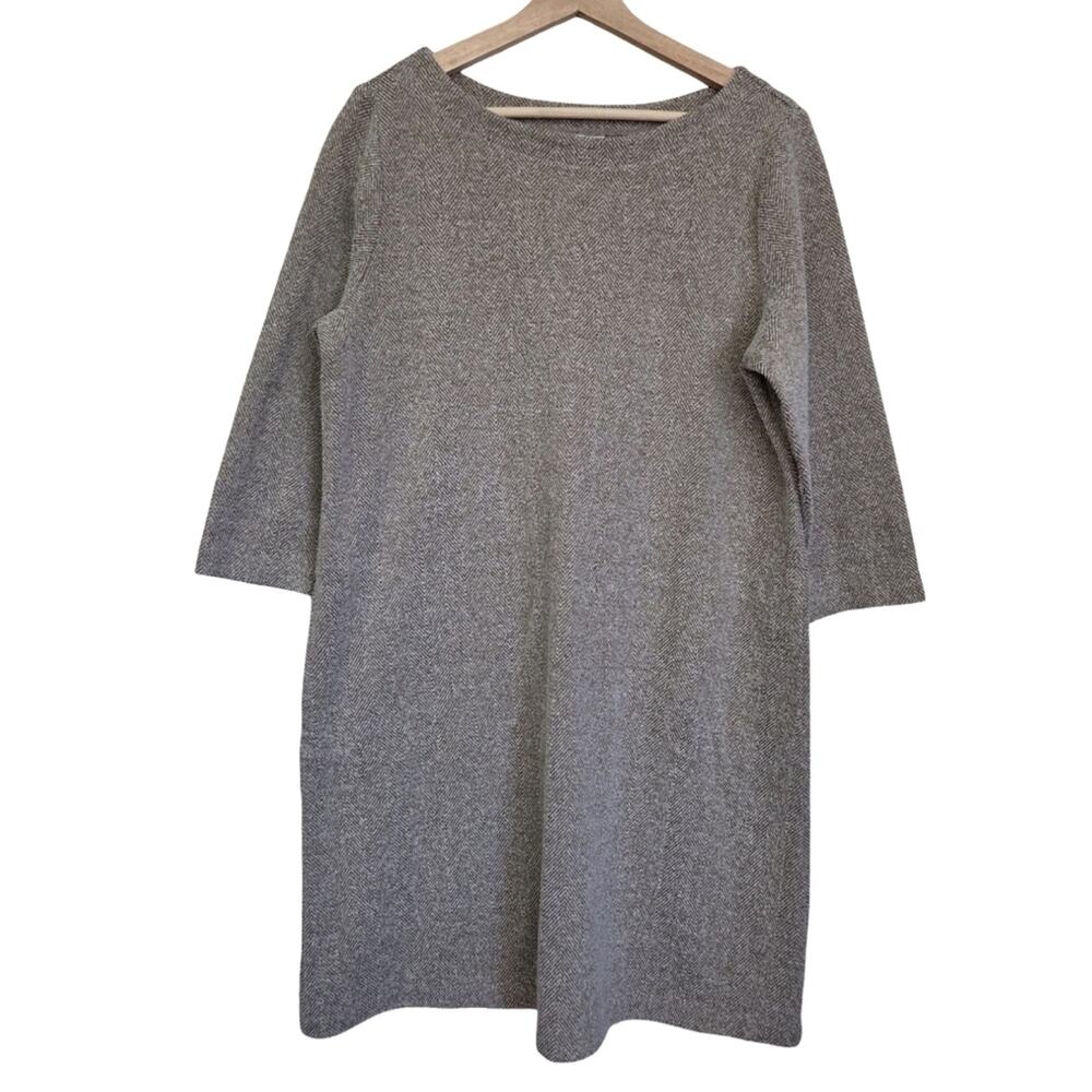 J. Jill | Herringbone Knit Boatneck Shift Dress in Sandalwood Cream 3/4 Sleeve